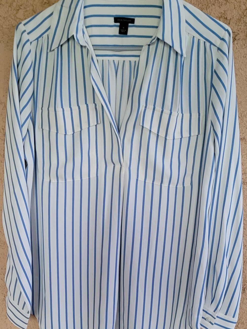 Ann Taylor Blue Stripe Button-Front Blouse Dressy Casual Medium